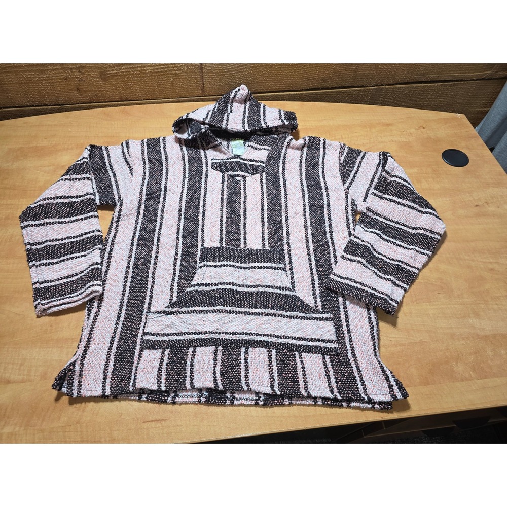 Mexican Baja Hoodie Pink Black White Striped Pullover Kangaroo Pocket Large